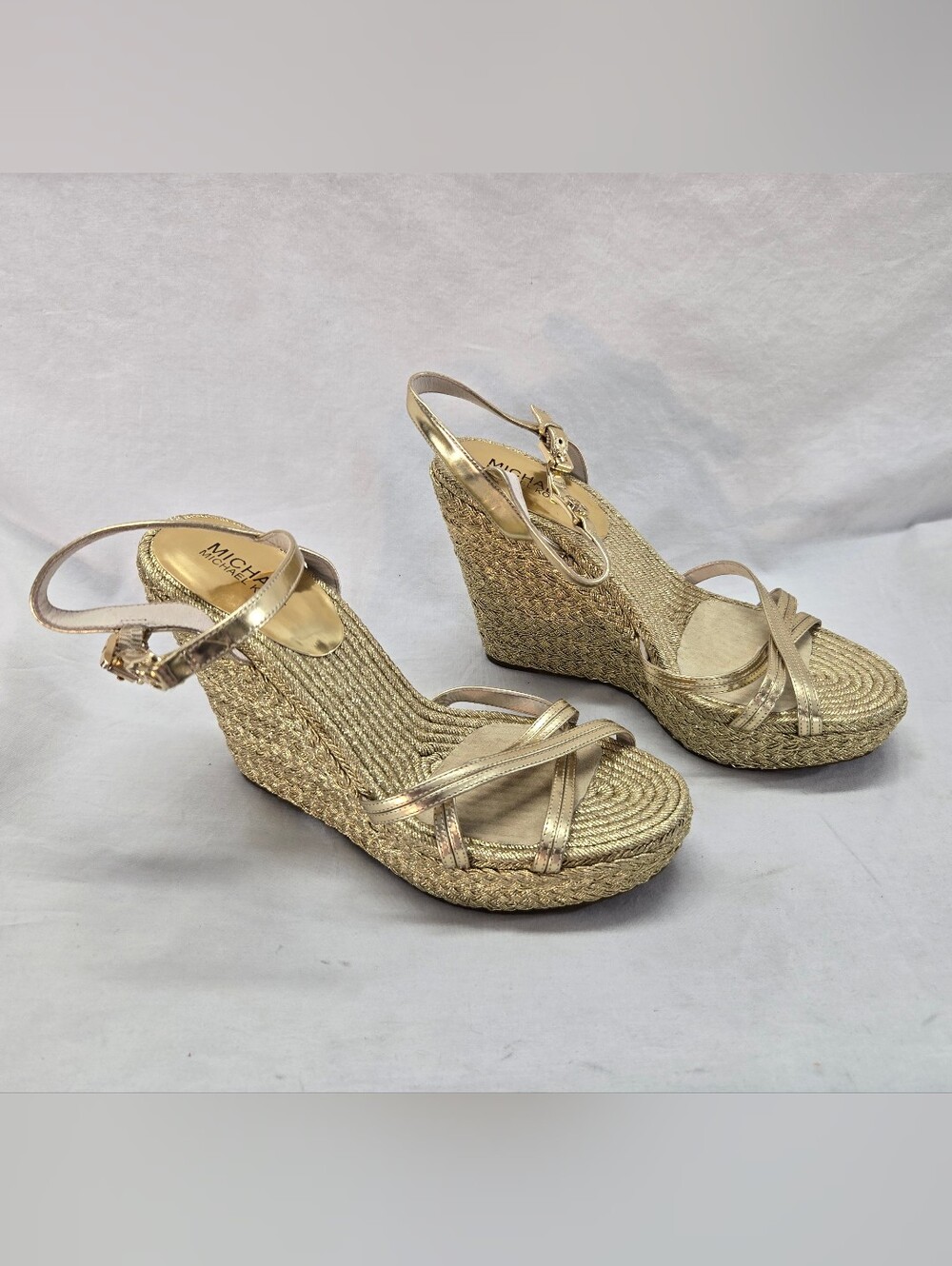 Michael Kors Women’s 10M Sandals Gold Leather Ankle Strap Wedge New